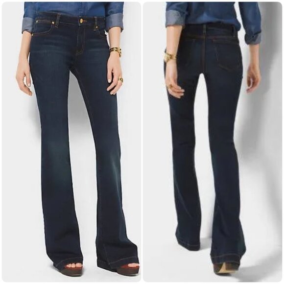 Michael Kors Selma Flare Jeans Womens 4 Blue Dark Wash Wide Leg Mid Rise Stretch - Picture 1 of 13